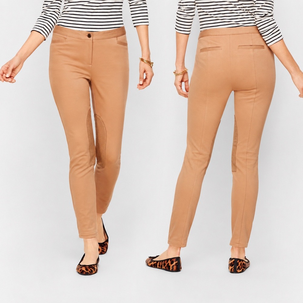 Talbots Skinny Ankle Pants 12 Camel Faux Leather Knee Patch Equestrian Womens